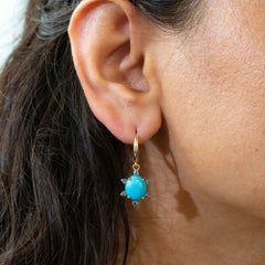 6Ct Sonoran Turquoise Earrings with Blue Sapphire: Solid 14K Gold, 11x9mm