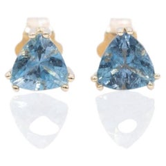 Pendientes de agramate, oro macizo de 14K, piedra del mes de marzo con corte «trillion» de 5 mm