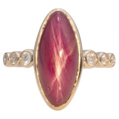 Anillo con rubí estrella de 8,2 ct y diamantes naturales: oro macizo de 14K, talla marquesa de 16 x 7 mm