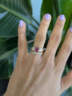 Pink Sapphire Ring with Natural Diamonds: Solid 14K Gold, Heart Shaped 7x6.8mm