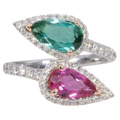 Toi et Moi Pink & Indicolite Tourmaline Ring with Diamonds: 14K Gold, Pear Cut