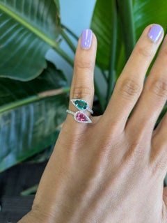 Toi et Moi Pink & Indicolite Tourmaline Ring with Diamonds: 14K Gold, Pear Cut