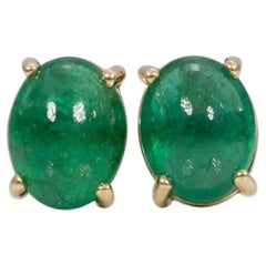3.7Ct Zambian Emerald Cabochon Solitaire Stud Earrings in Solid 14K Gold, 9x7mm