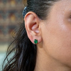 3.7Ct Zambian Emerald Cabochon Solitaire Stud Earrings in Solid 14K Gold, 9x7mm