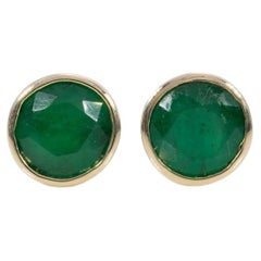 1.6Ct Zambian Emerald Solitaire Stud Earrings in Solid 14K Gold, Bezel Set 6mm