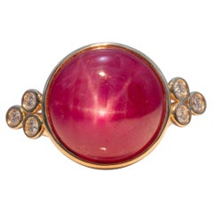 19.9ct Star Ruby Ring with Natural Diamond Accents: Solid 14K Gold, Round 15mm
