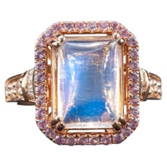 5.9Ct Rainbow Moonstone Ring with Diamond & Pink Sapphire Accents: 14K Gold Ring