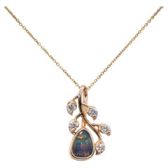 Boulder Opal Pendant with Earth-Mined Diamond Accents in Solid 14K Gold, 8x3mm