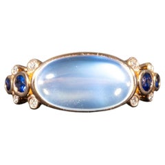 Rainbow Moonstone Ring with Natural Diamond & Blue Sapphire Accents: 14K Gold