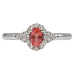 AAA Padparadscha Sapphire Ring with Natural Diamonds Halo: Solid 14K Gold, 5x3mm