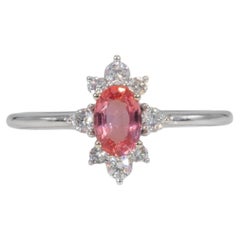 AAA Padparadscha Sapphire Ring with Natural Diamonds: Solid 14K Gold, Oval 6x4mm