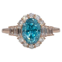 3.4Ct Cambodian Blue Zircon Ring with Natural Diamond Accents: Solid 14K Gold