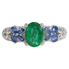 Zambian Emerald Ring with Natural Diamonds & Blue Sapphires: Solid 14K Gold