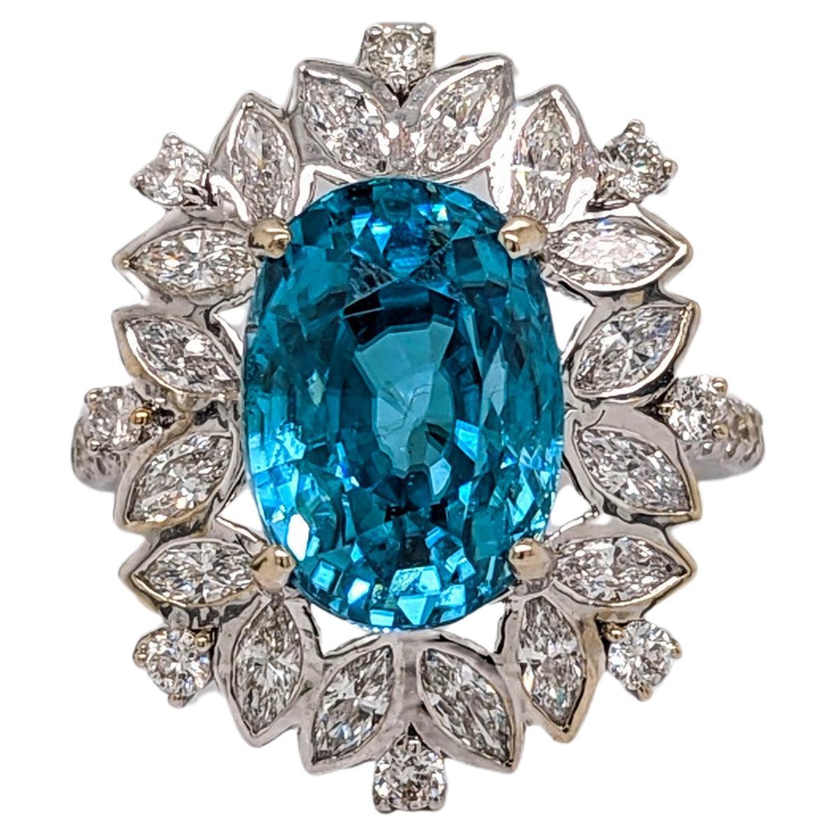 9.5ct Blue Zircon Pavé Cocktail Ring in Solid 14K White Gold Oval