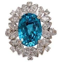 9.5ct Blue Zircon Pavé Cocktail Ring in Solid 14K White Gold Oval