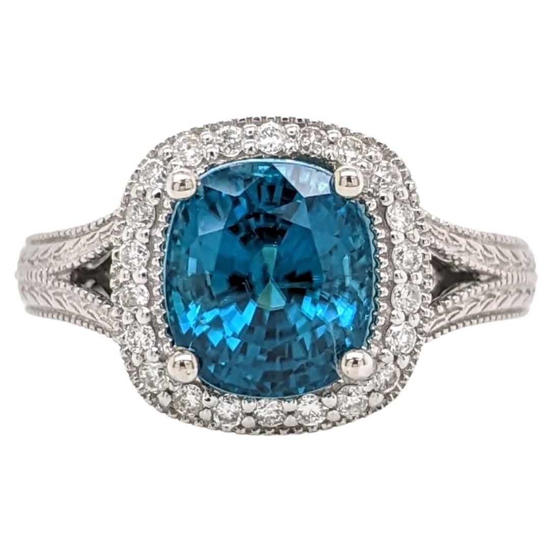 5ct Blue Zircon Ring w Earth Mined Diamonds in Solid 14K White Gold Round 8mm