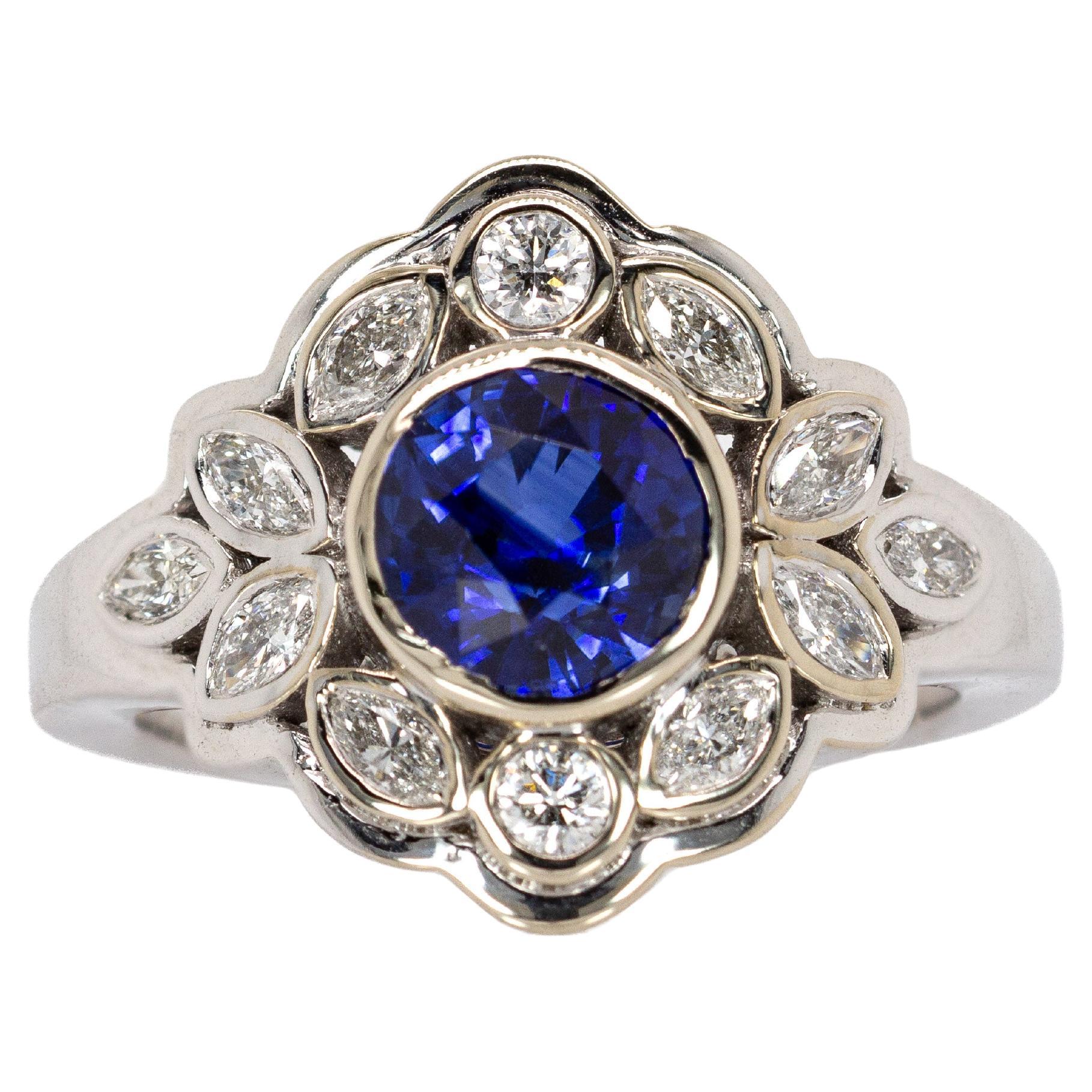 Vintage Inspired 2cts Ceylon Sapphire Ring w Natural Diamonds in 14K Solid Gold