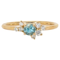 Cambodian Blue Zircon Ring with Earth Mined Diamond Accents in 14K Gold  RD 4mm