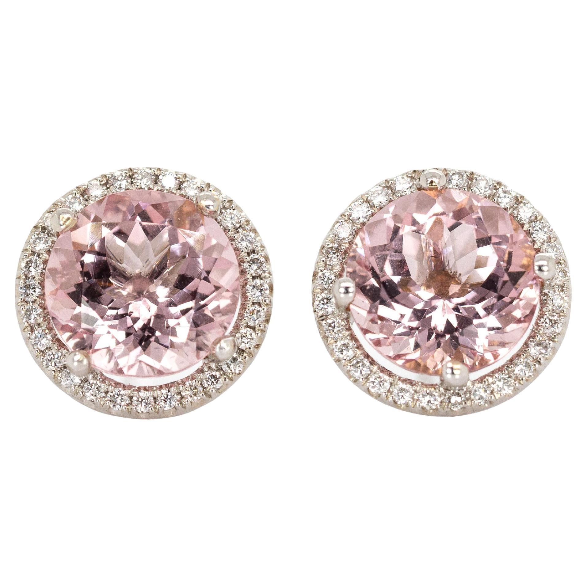 Orecchini in oro 14K con Morganite brasiliana e diamanti naturali a raggiera  Rotondo 8,5 mm in vendita