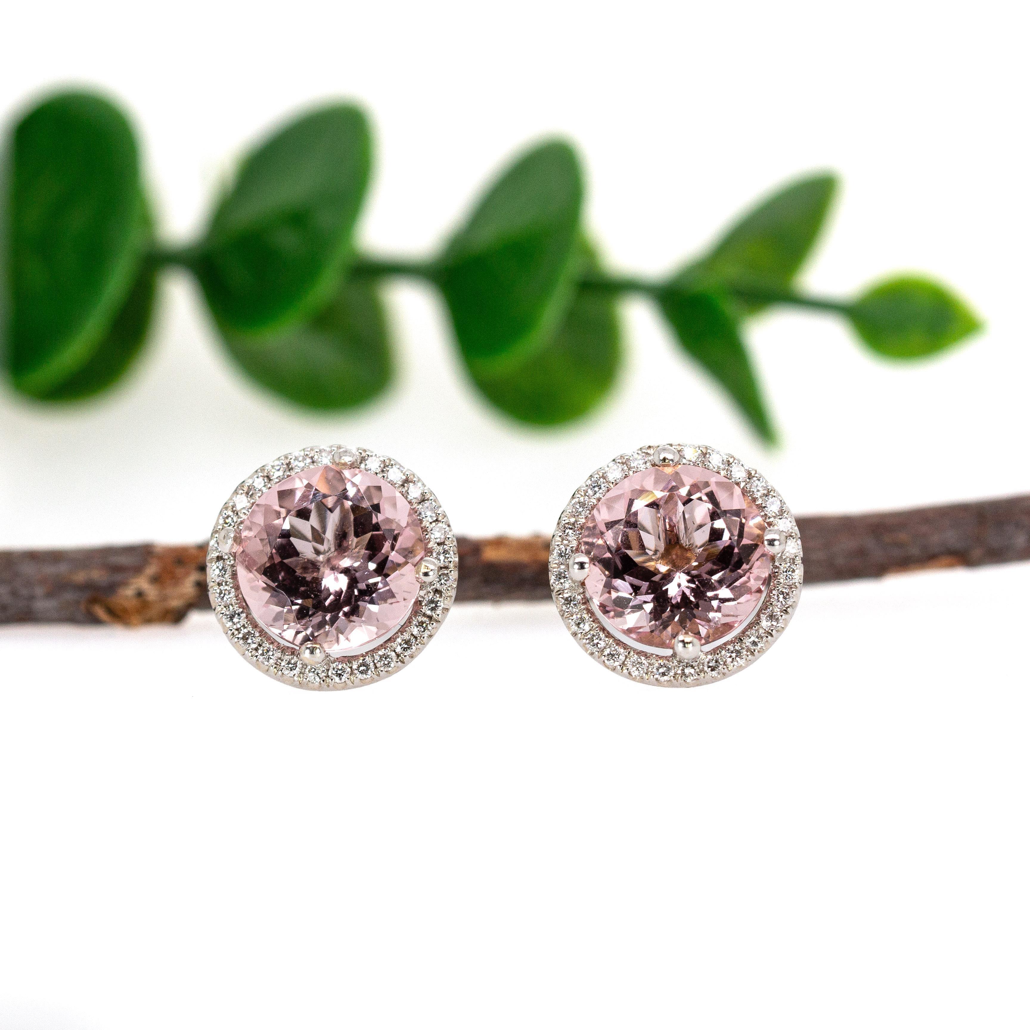 Art Déco Orecchini in oro 14K con Morganite brasiliana e diamanti naturali a raggiera  Rotondo 8,5 mm in vendita