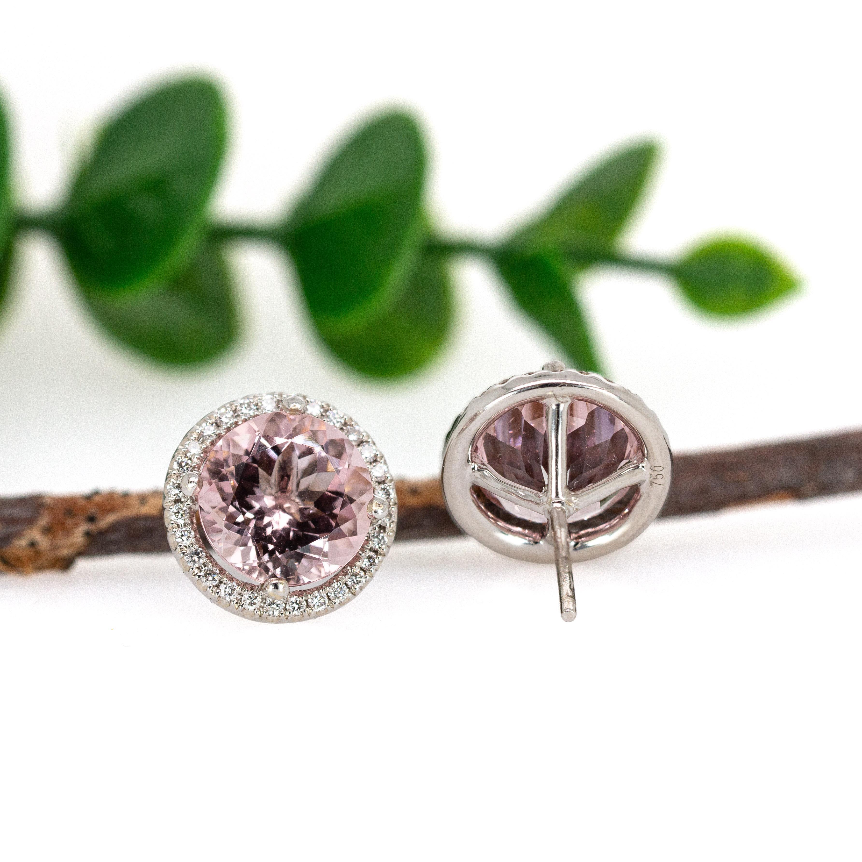 Donna Orecchini in oro 14K con Morganite brasiliana e diamanti naturali a raggiera  Rotondo 8,5 mm in vendita