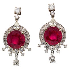 8mm, 5.6cts Madagascar Ruby & Natural Diamonds Dangle Earrings in Solid 14K Gold