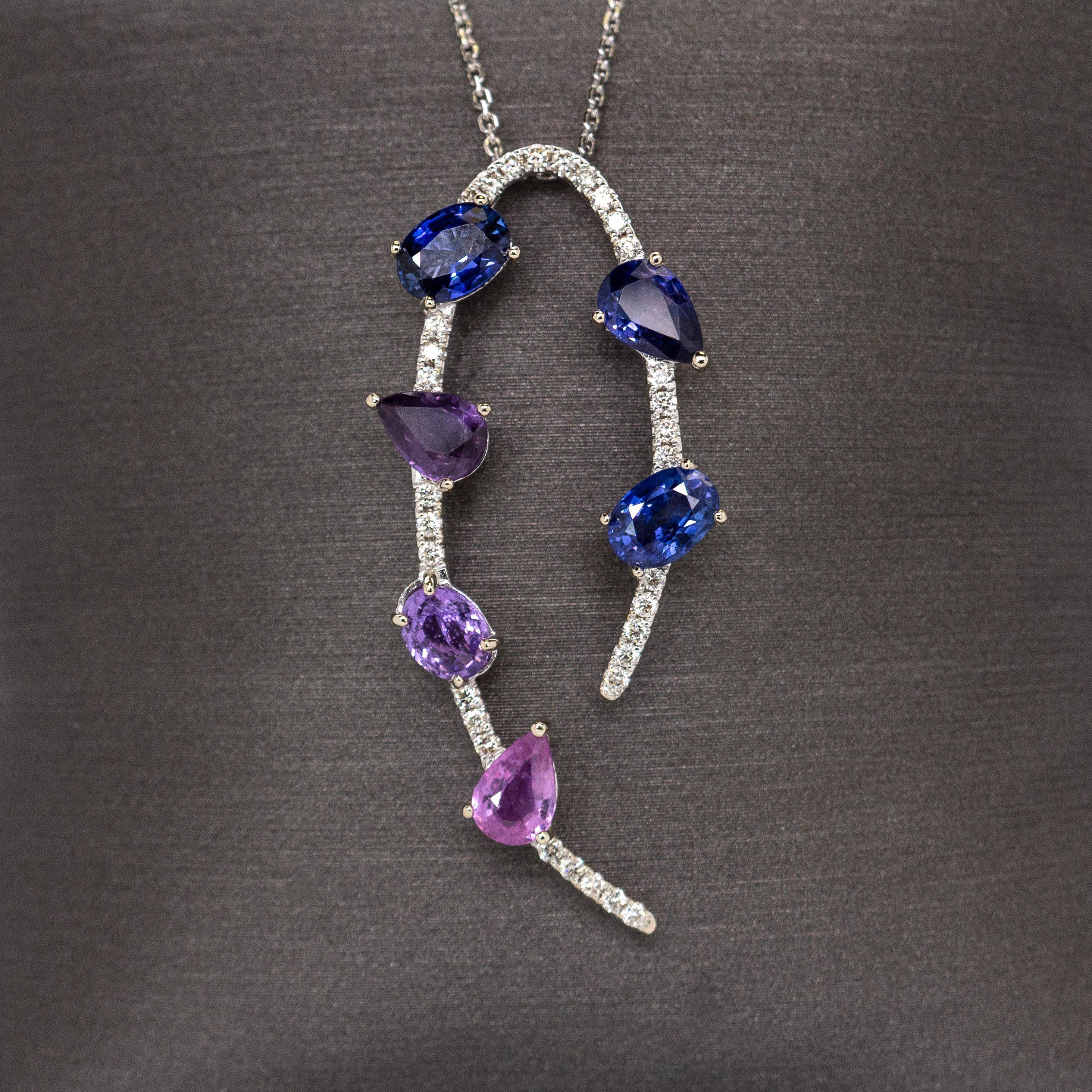 Taglio misto Ciondolo con zaffiro viola Ombre in oro bianco 14K e diamanti naturali in vendita