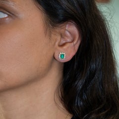 1ct Colombian Emerald Stud Earrings with Natural Diamond Accents: Solid 14k Gold