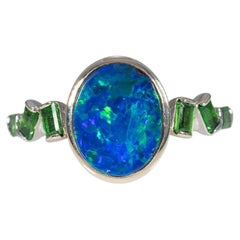 Boulder Opal Cabochon Ring with Tsavorite Garnet Accents: Solid 14K Gold, 10x8mm