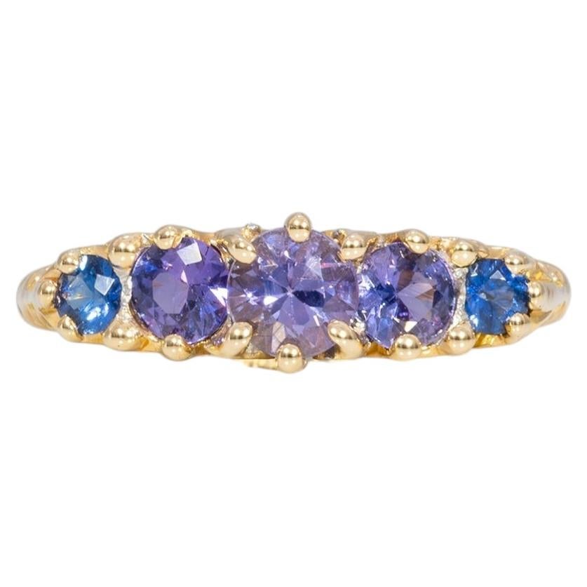 Bague vintage en saphir mélangé de 1,51 ct, sertie de 5 saphirs naturels, en or massif 18 carats