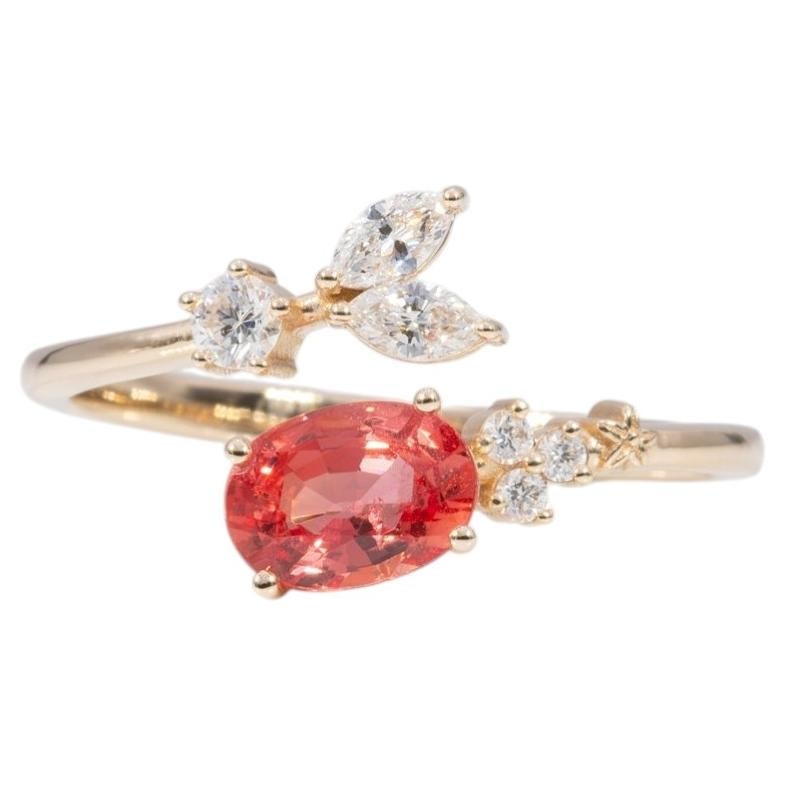 1Ct Padparadscha Sapphire Ring with Natural Diamond Accents: Solid 14K Gold For Sale