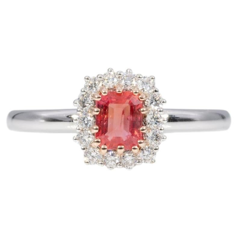 Anillo de zafiro padparadscha AAA con detalles de diamantes extraídos de minas terrestres: oro macizo de 14K