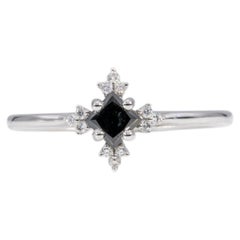 Black Diamond Ring with Diamond Accents in Solid 14K Gold, Asscher cut 3.6mm