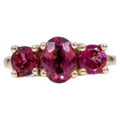 1.7Ct Three-Stone Rubellite Tourmaline Ring in Solid 14K Gold, Oval Cut 7x5mm