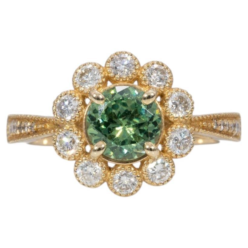 1Ct Demantoid Garnet Ring with Earth Mined Diamonds Halo: Solid 14K Gold, 6mm For Sale