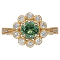 1Ct Demantoid Garnet Ring with Earth Mined Diamonds Halo: Solid 14K Gold, 6mm
