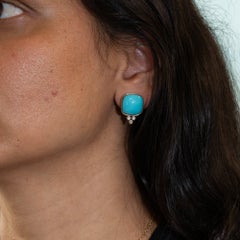 14Ct Sleeping Beauty Turquoise Stud Earrings with Natural Diamonds: 14K Gold