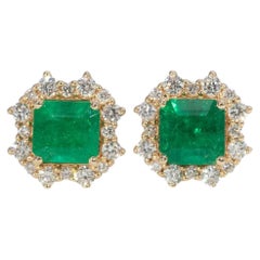 Colombian Emerald Earrings with Natural Diamond Accents: Solid 14K Gold, 5mm