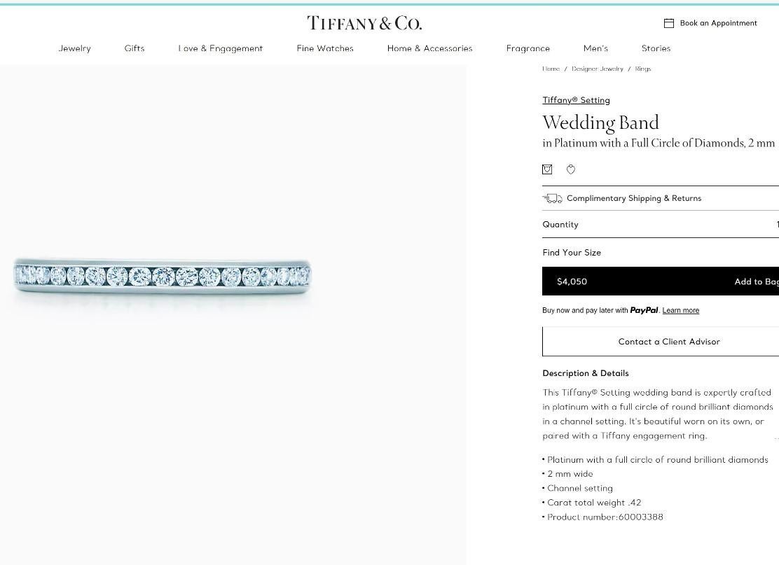 TIFFANY & Co. Anello in platino da 2 mm con diamante a cerchio intero 5 in vendita 1
