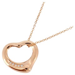 TIFFANY Elsa Peretti 18K Rose Gold 5 Diamond 16mm Open Heart Pendant Necklace