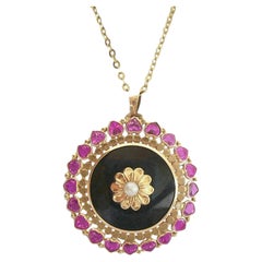Art Deco Pink Spinel, Onyx, Pearl & 18K Gold Pendant - France - 20th Century