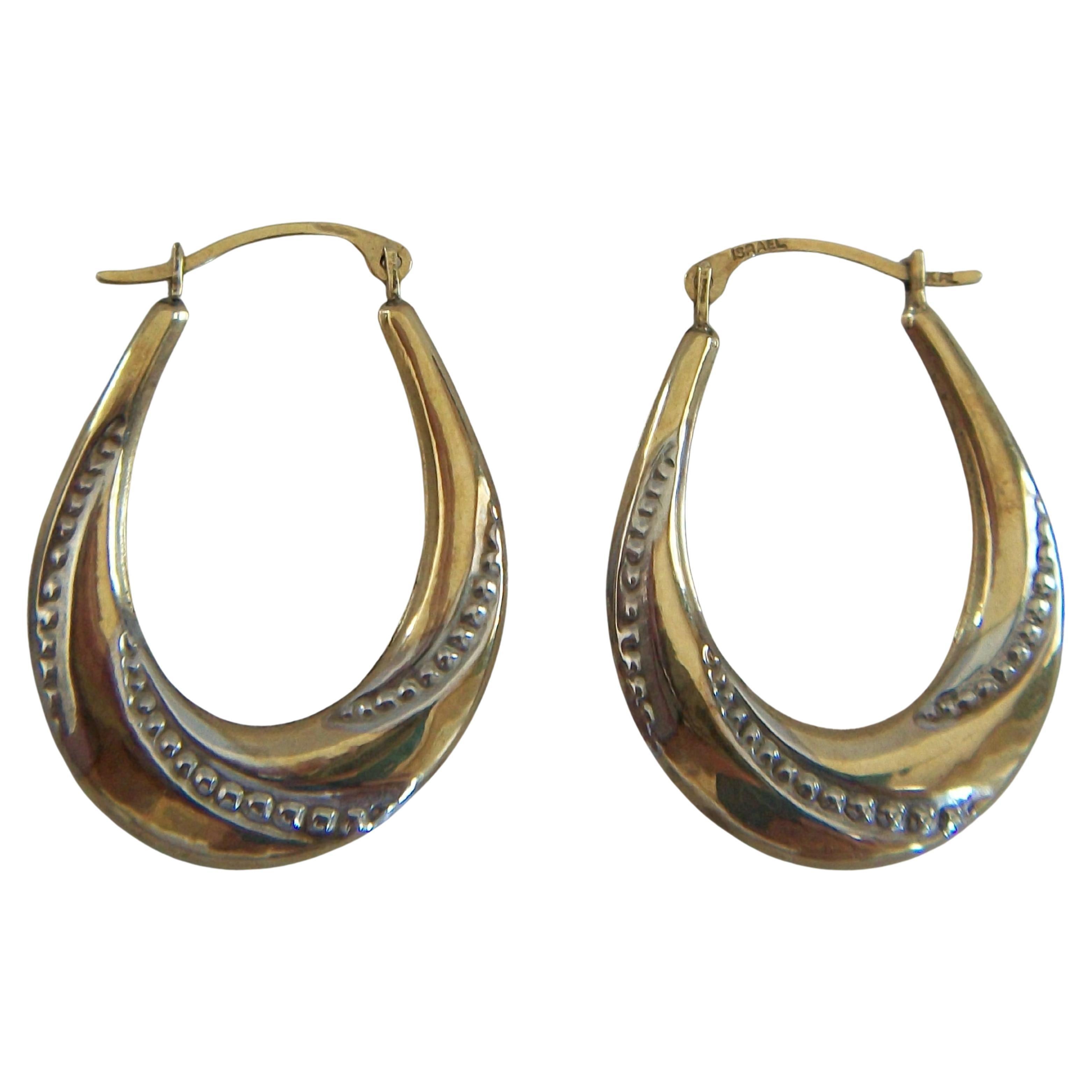 Vintage Pair of 10K Yellow 
White Gold Fancy Hoop Earrings - Israel - C. 1980
s For Sale