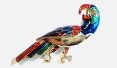 GIOVANNI - Vintage Gold Tone & Multi Color Enamel Parrot Brooch - Circa 1970's