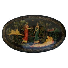 Mstera Black Lacquer & Hand Painted Papier Mâché Brooch - Signed - Circa 1980