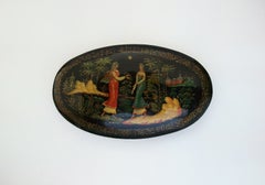 Mstera Black Lacquer & Hand Painted Papier Mâché Brooch - Signed - Circa 1980