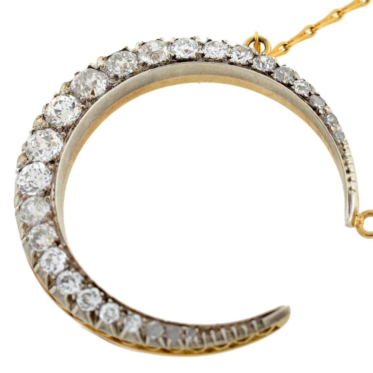 Victorian Diamond Silver Gold Crescent Necklace In Excellent Condition In Narberth, PA