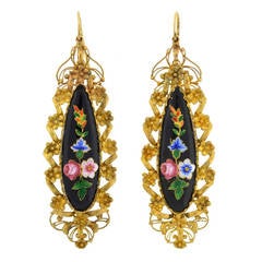 Victorian Large Black Enamel Gold Flower Earrings
