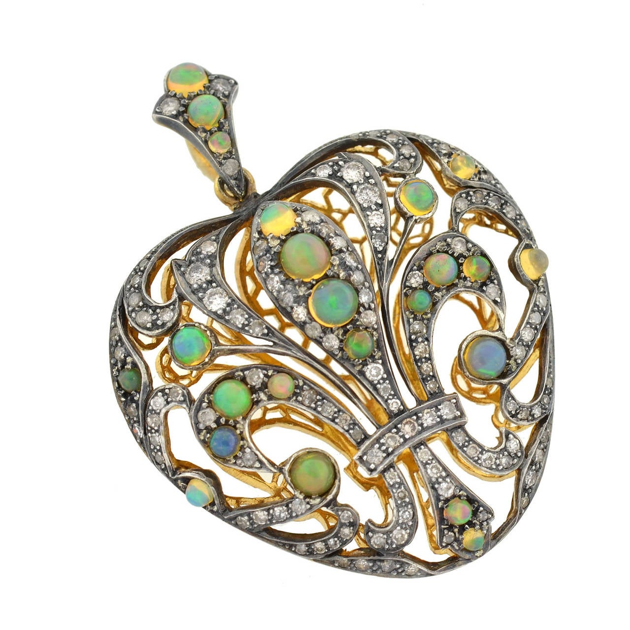 Art Nouveau Edwardian Opal Diamond Fleur de Lys Pendant