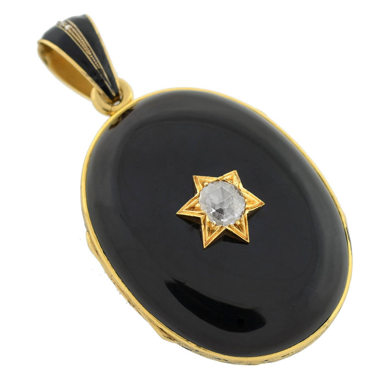 An outstanding enamel and diamond locket from the Victorian (ca1880) era! This incredible oval-shaped piece is made of 15kt yellow gold and is particularly large in size. Both sides of the locket are made of rich banded agate which is smoothly