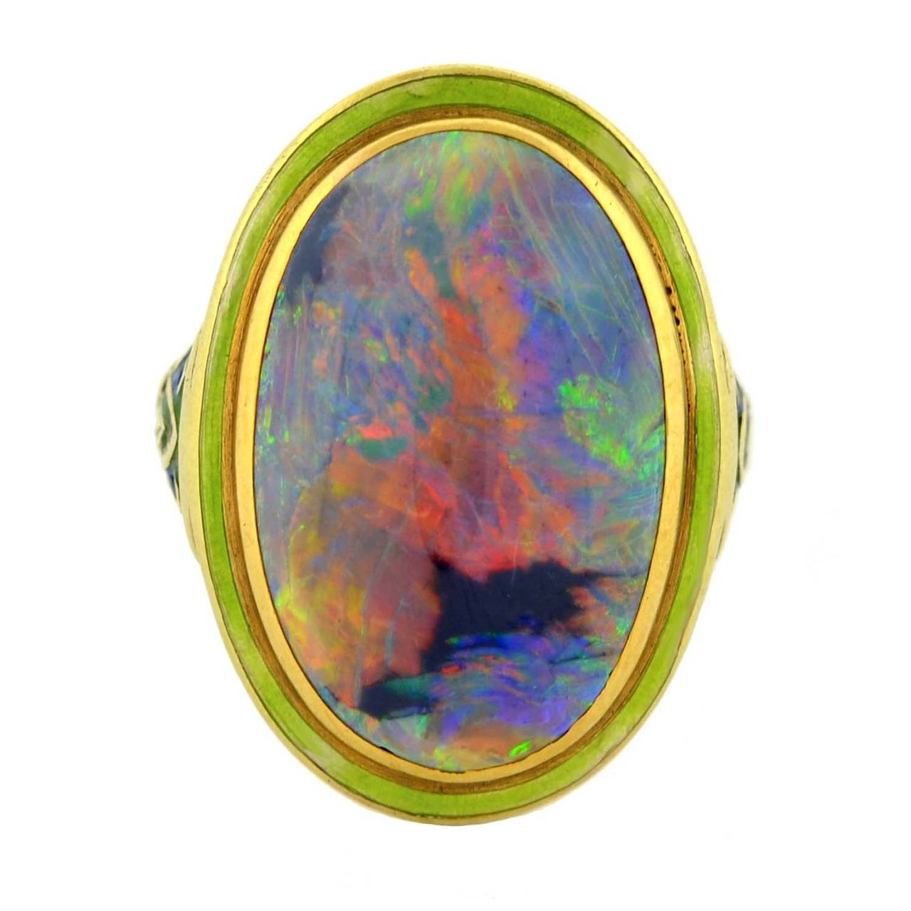Art Nouveau Enameled Black Opal Gold Ring In Excellent Condition In Narberth, PA